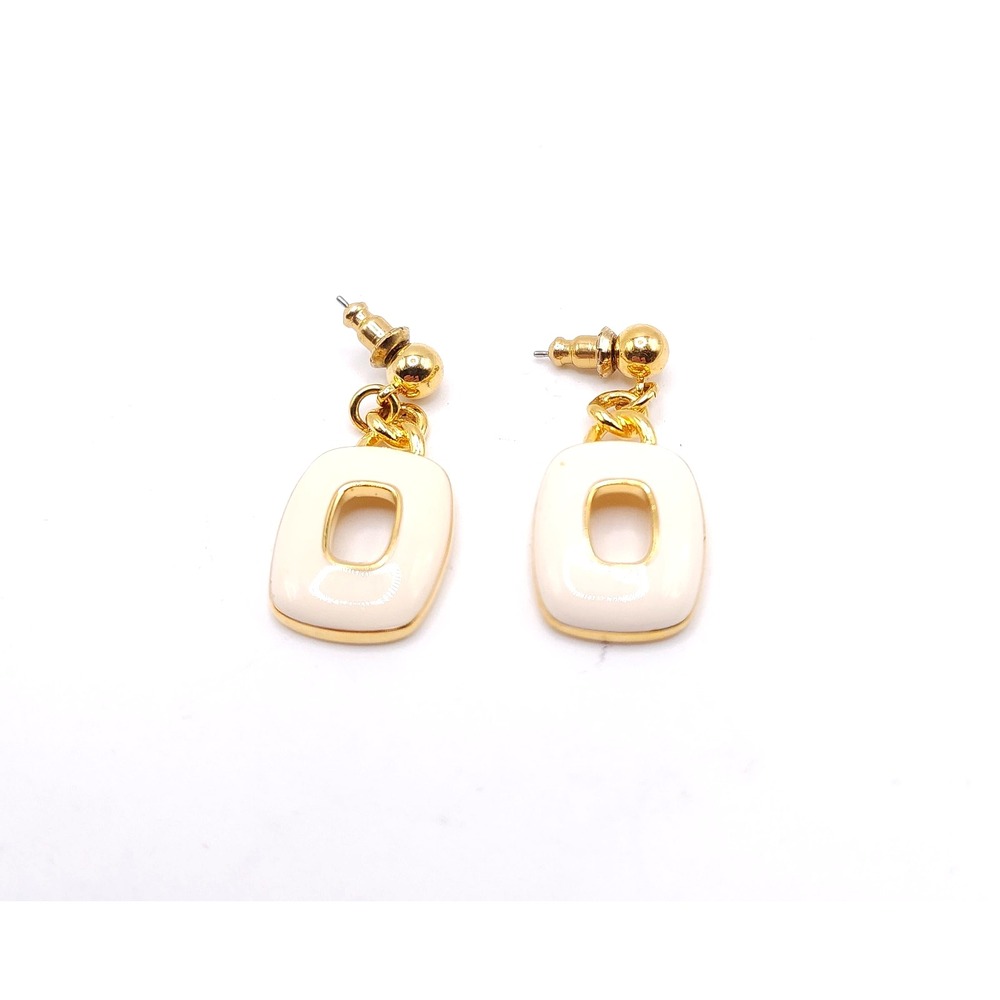 Vintage Napier Gold Tone White Enamel Geometric Drop Earrings